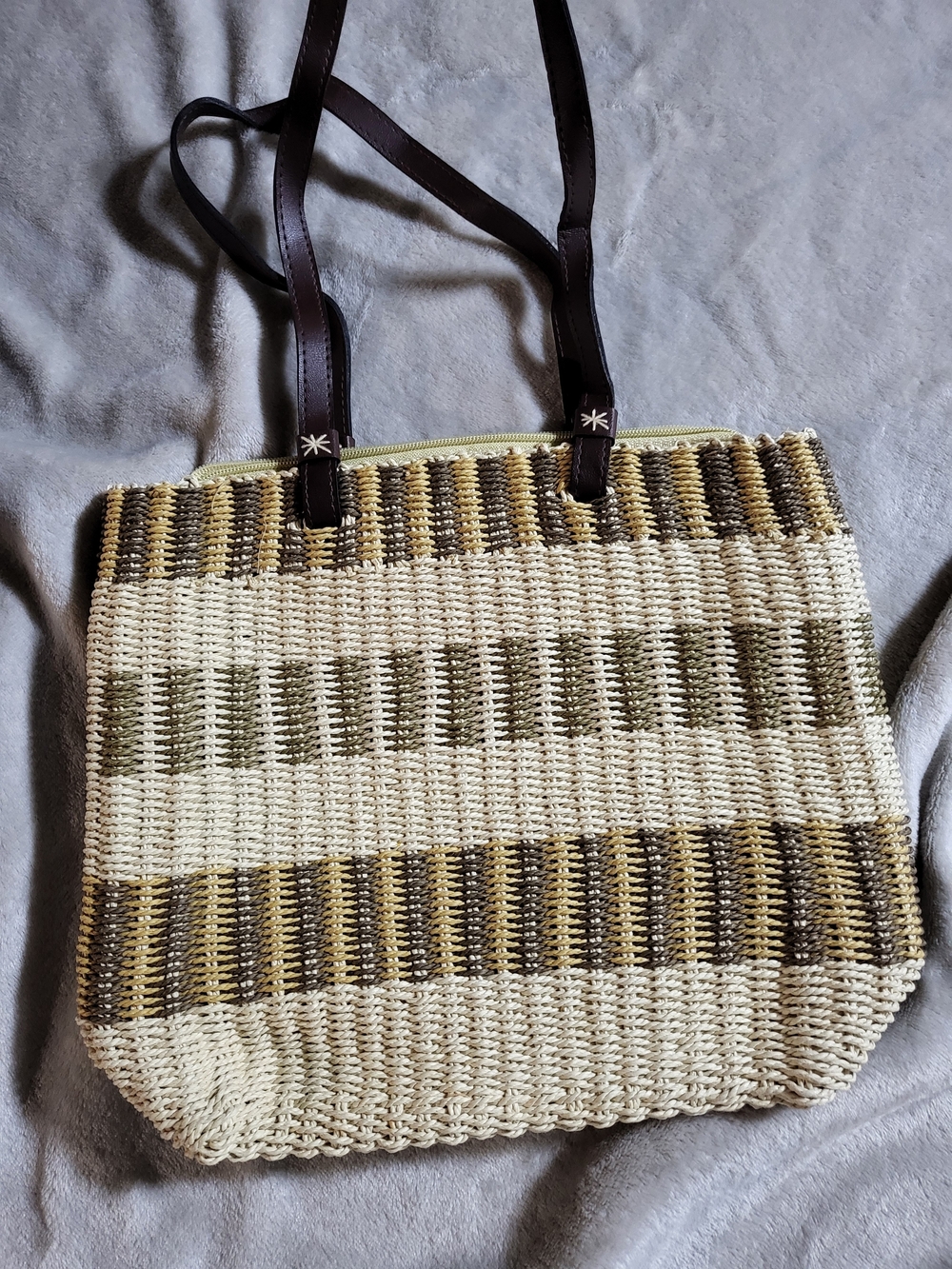 Woven Straw Look Tote Bag with Brown Leather Straps - Tan and Brown Tones